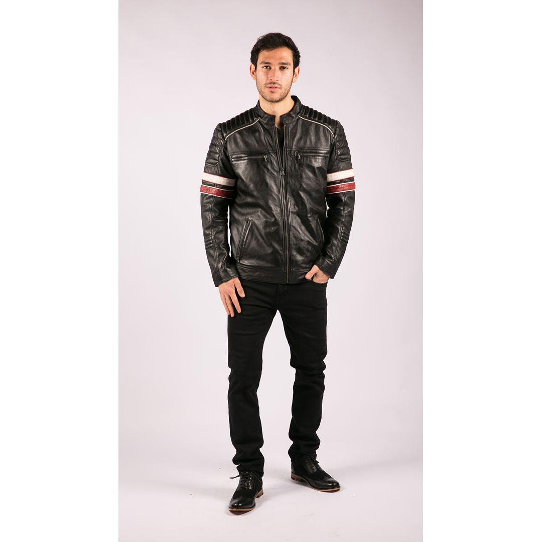 Mens Black Racing Biker Jacket Red White Stripes Real Leather Casual Fit - Knighthood Store