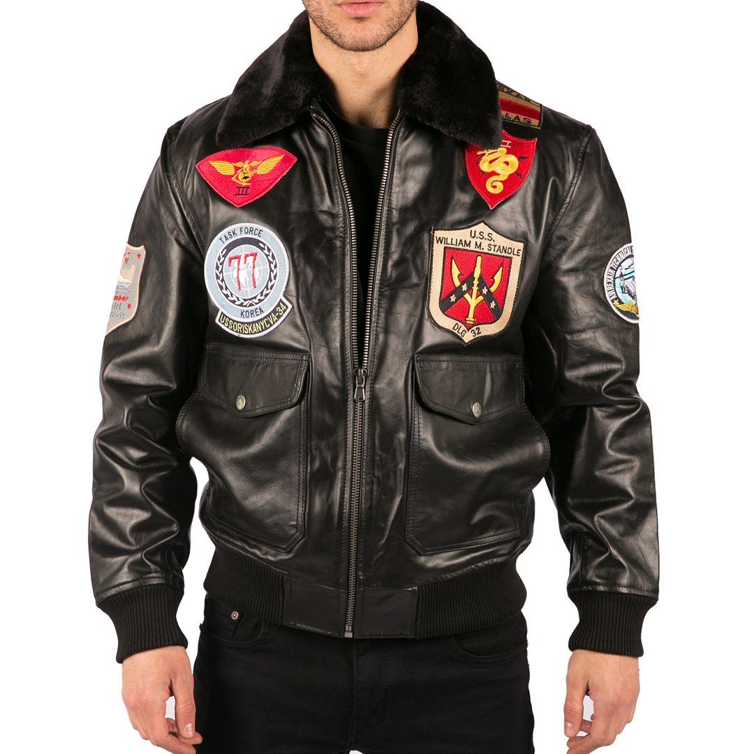 Mens Real Leather US Aviator Air Force Pilot Flying Bomber Jacket Black Fur Collar - Knighthood Store