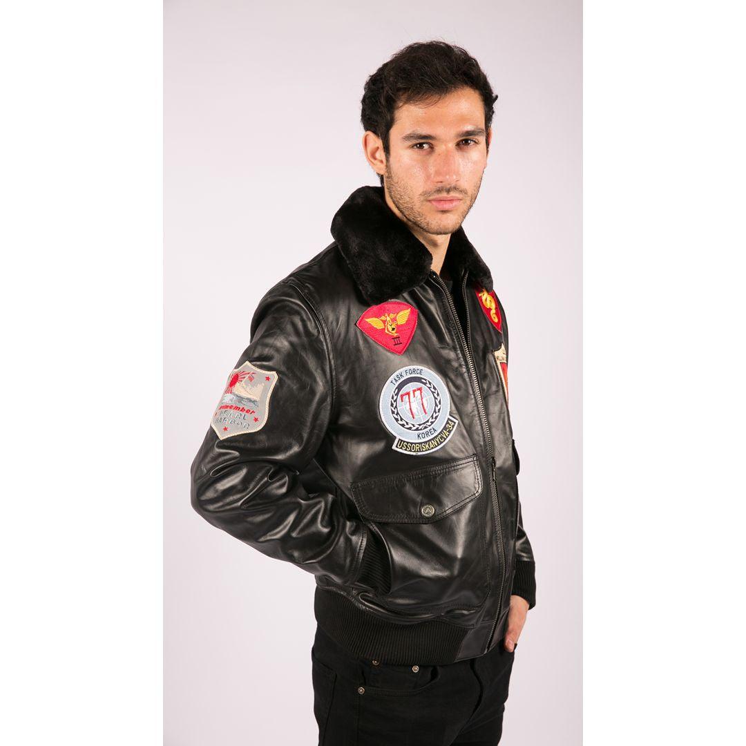 Mens Real Leather US Aviator Air Force Pilot Flying Bomber Jacket Black Fur Collar - Knighthood Store