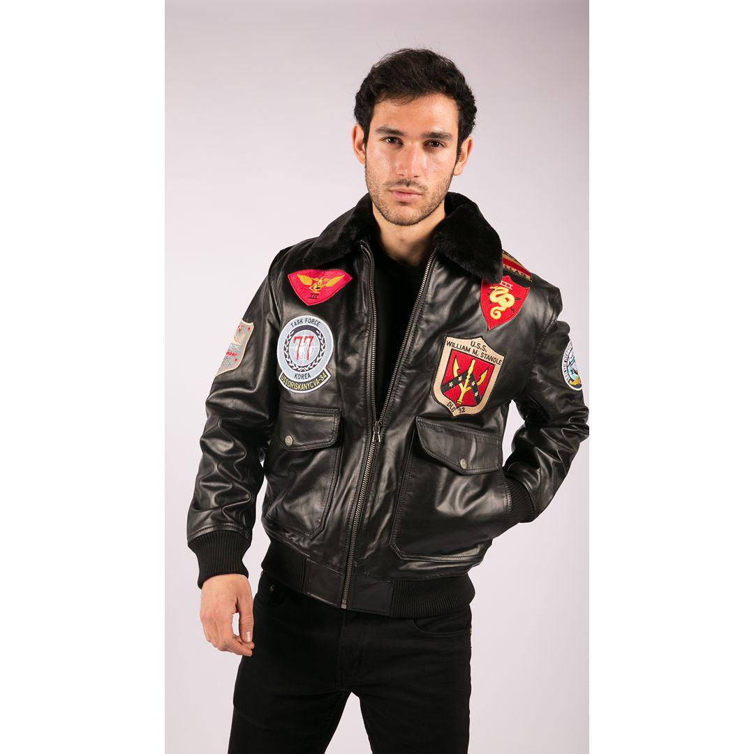 Mens Real Leather US Aviator Air Force Pilot Flying Bomber Jacket Black Fur Collar - Knighthood Store