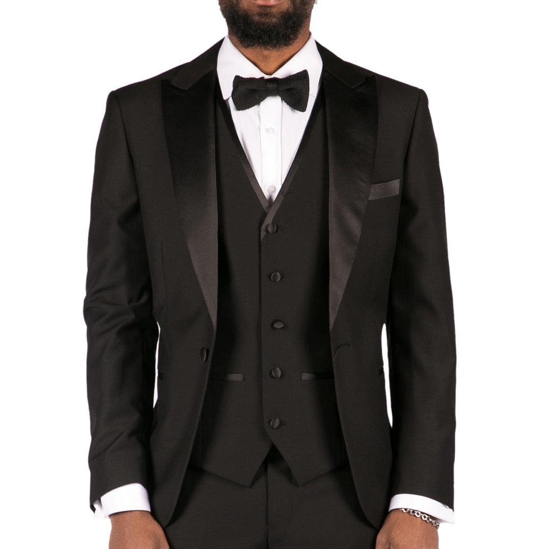 Mens 3 Piece Black Classic Satin Tuxedo Dinner Suit Tailored Fit Wedding Prom - Knighthood Store