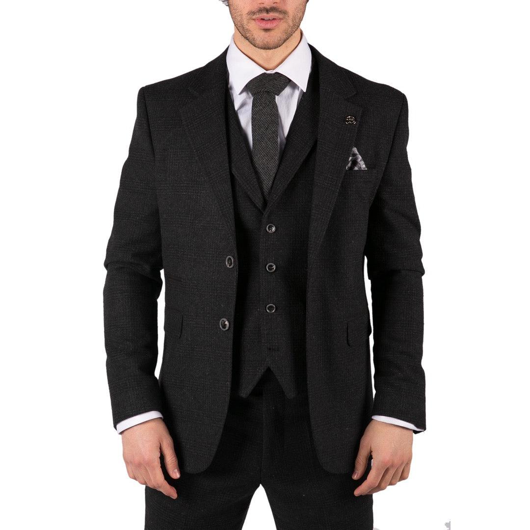 Mens Black Tweed 3 Piece Suit Check Vintage 1920s Gatsby Blinders Tailored Fit - Knighthood Store