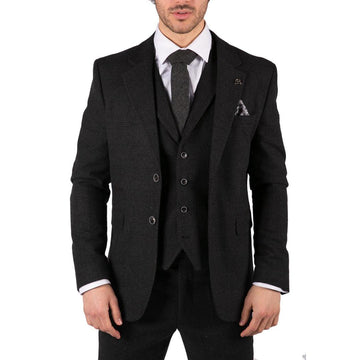 Mens Black Tweed 3 Piece Suit Check Vintage 1920s Gatsby Blinders Tail