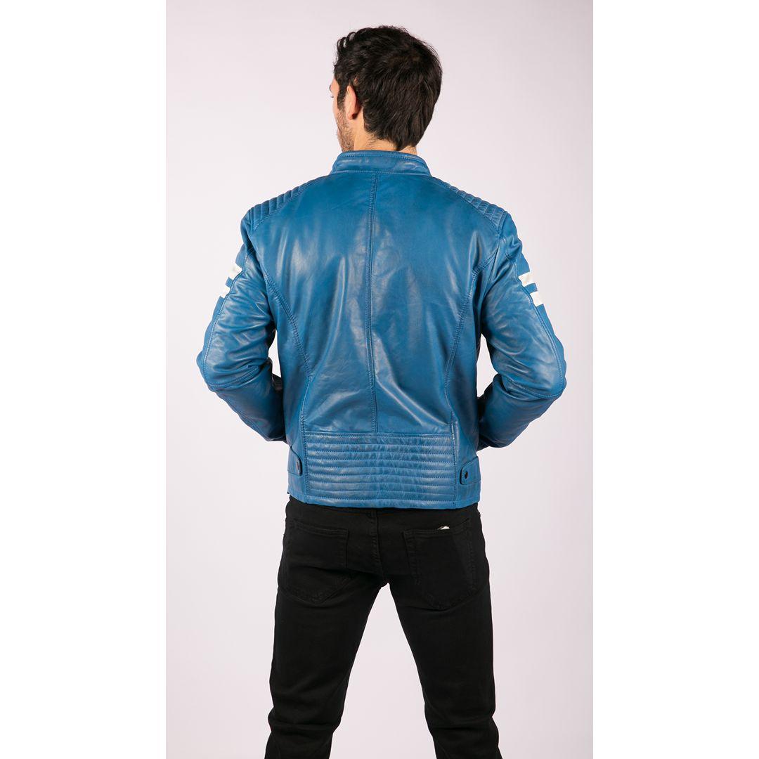 Mens Real Leather Biker Racing Jacket Red Stripes Zip Retro Casual Black Short - Knighthood Store