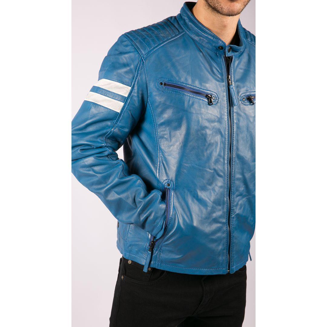 Mens Real Leather Biker Racing Jacket Red Stripes Zip Retro Casual Black Short - Knighthood Store