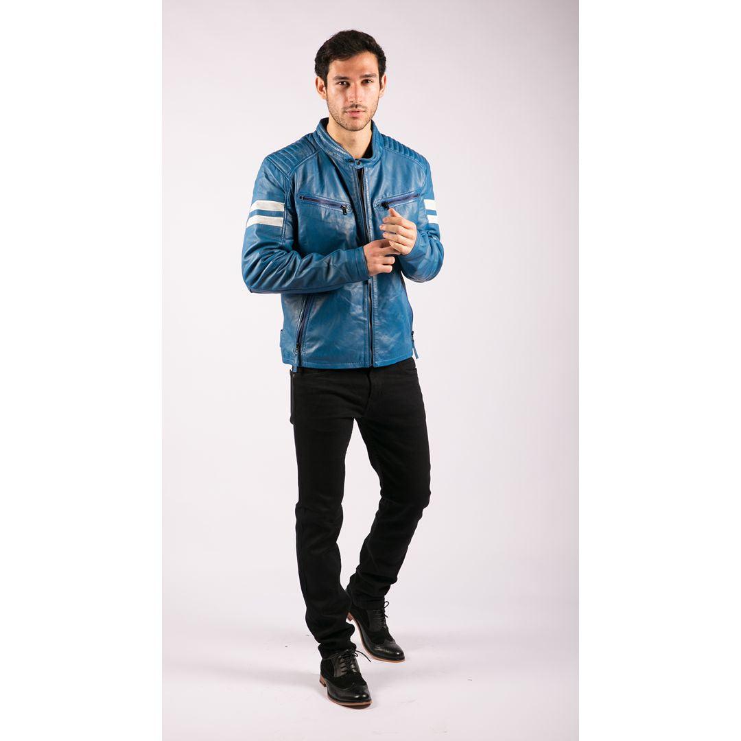 Mens Real Leather Biker Racing Jacket Red Stripes Zip Retro Casual Black Short - Knighthood Store