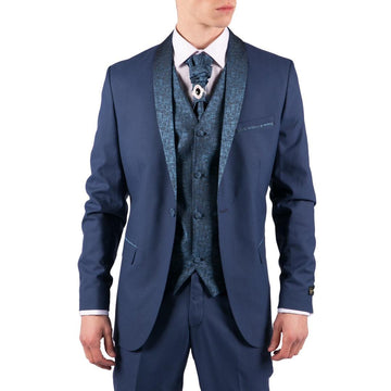 Mens 4 Piece Wedding Suit Groom Shawl Collar Vintage Blue Cravat Tailored Fit - Knighthood Store