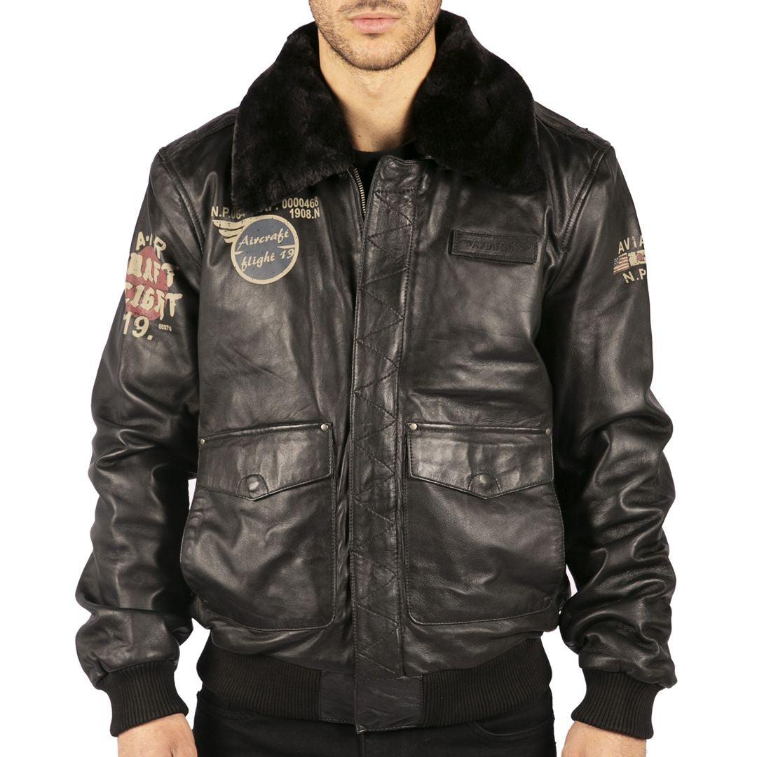 Mens Real Leather Black Aviator Fur Collar Pilot Jacket Slim Fit Bombe