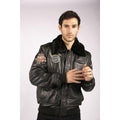 Mens Real Leather Black Aviator Fur Collar Pilot Jacket Slim Fit Bomber - Knighthood Store