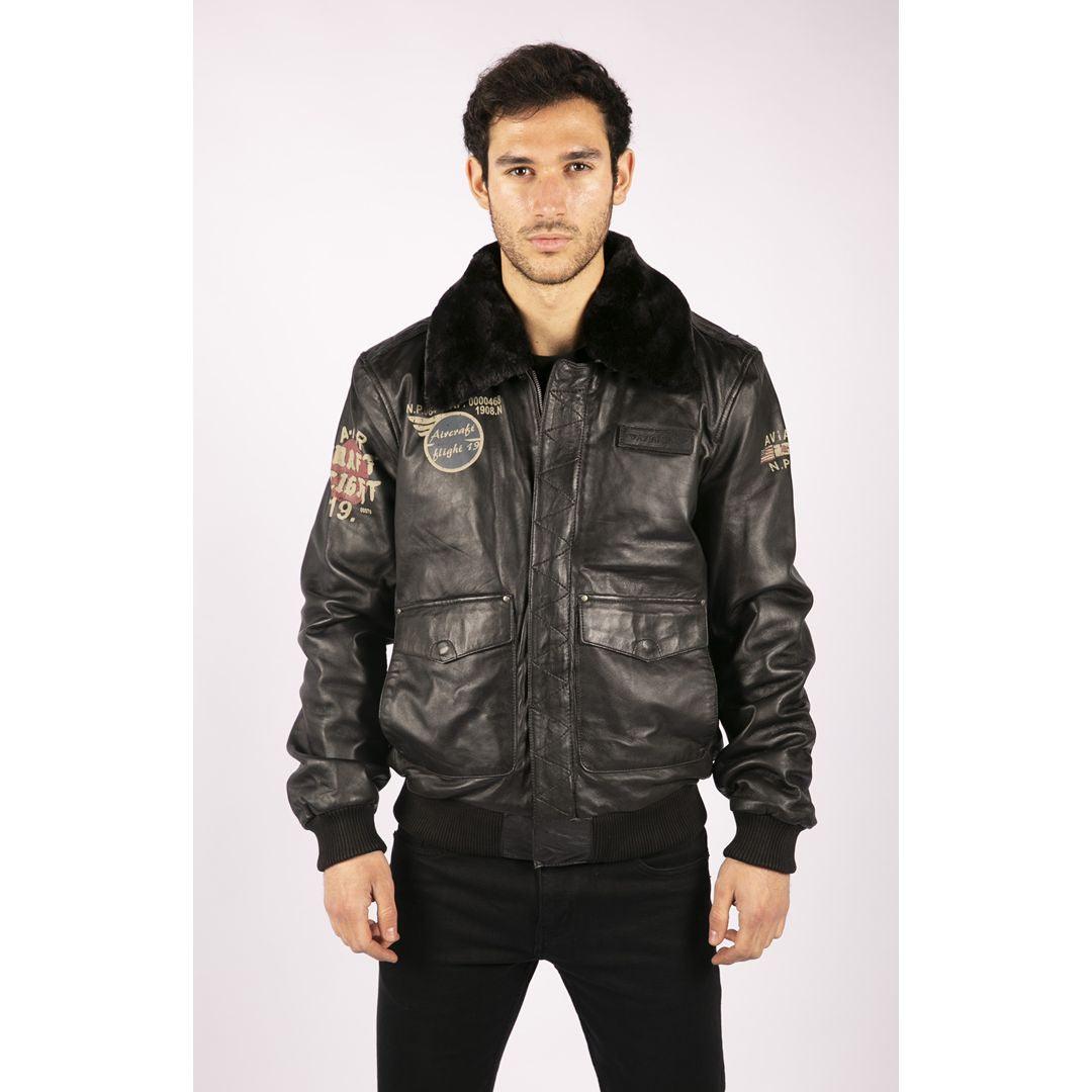 Mens Real Leather Black Aviator Fur Collar Pilot Jacket Slim Fit Bomber - Knighthood Store