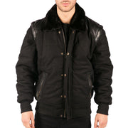 Men's Black Leather Shoulder Patches Bomber Jacket with Removable Sleeves - Knighthood Store
