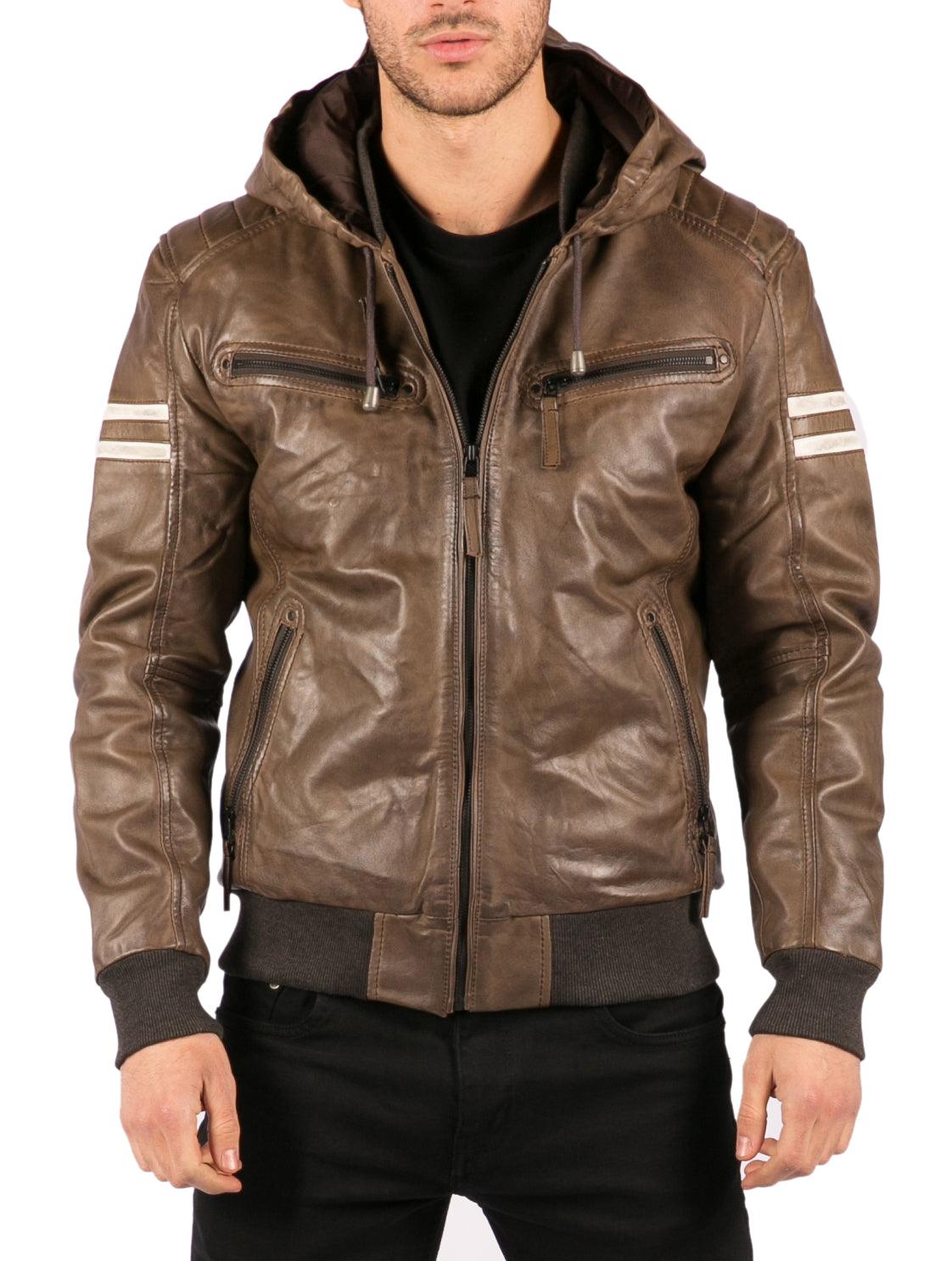 Mens Blue Black Hood Real Leather Bomber Jacket Red Stripes Quilted Slim Fit Casual - Knighthood Store