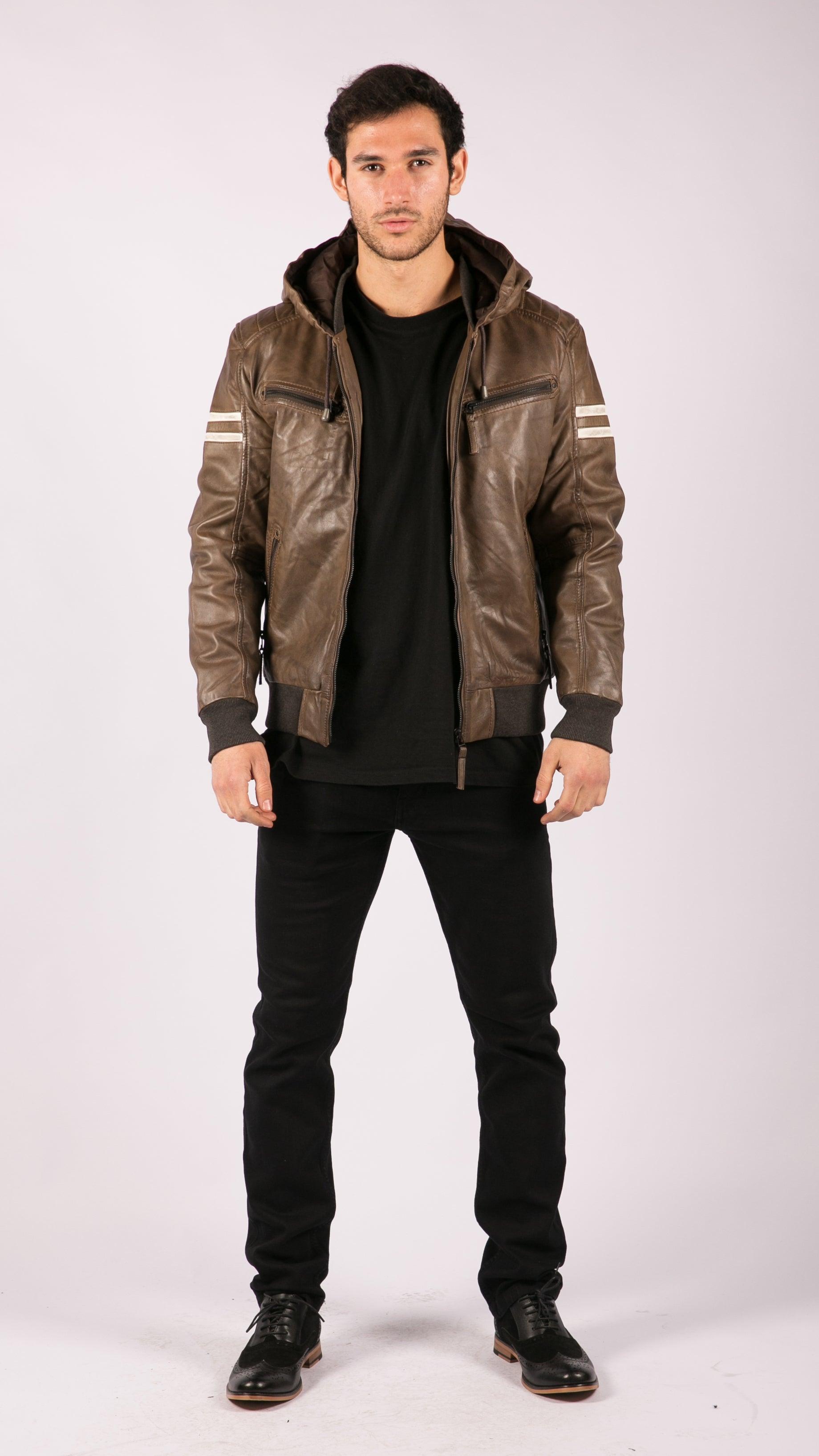 Mens Blue Black Hood Real Leather Bomber Jacket Red Stripes Quilted Slim Fit Casual - Knighthood Store