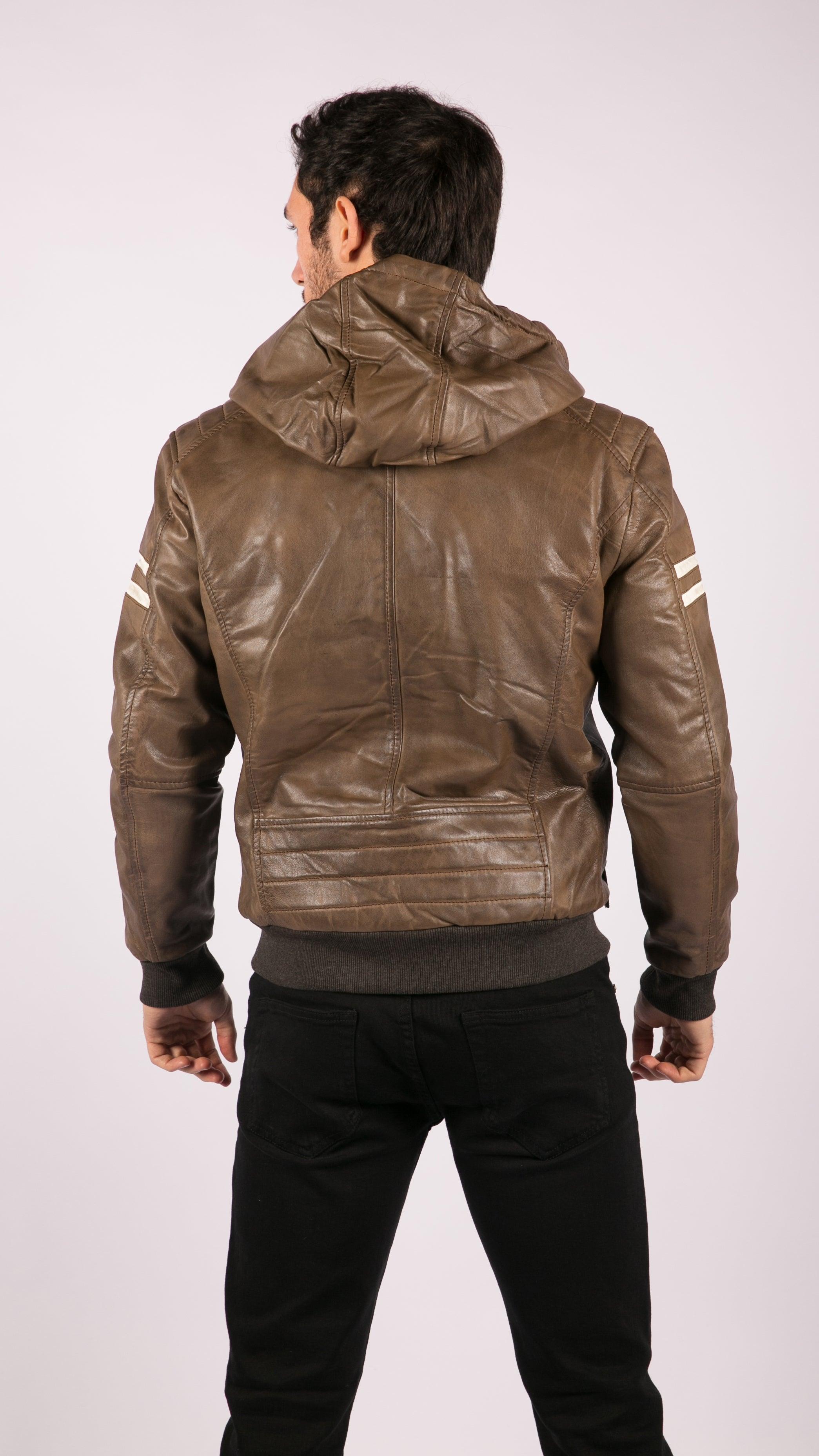 Mens Blue Black Hood Real Leather Bomber Jacket Red Stripes Quilted Slim Fit Casual - Knighthood Store