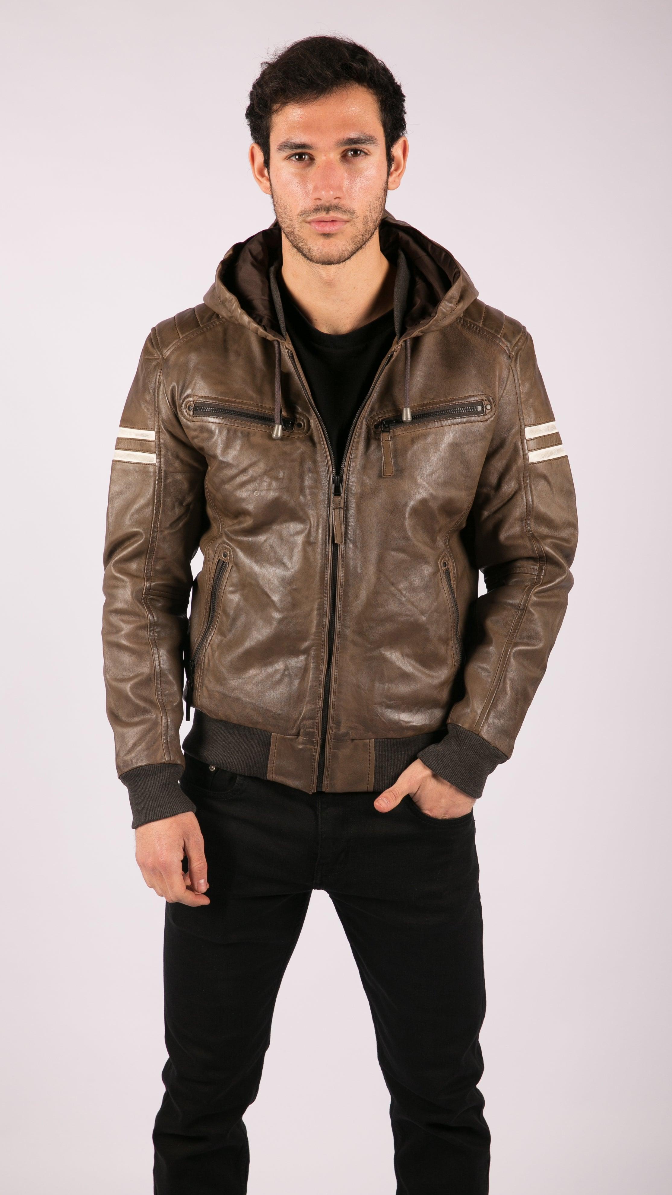 Mens Blue Black Hood Real Leather Bomber Jacket Red Stripes Quilted Slim Fit Casual - Knighthood Store