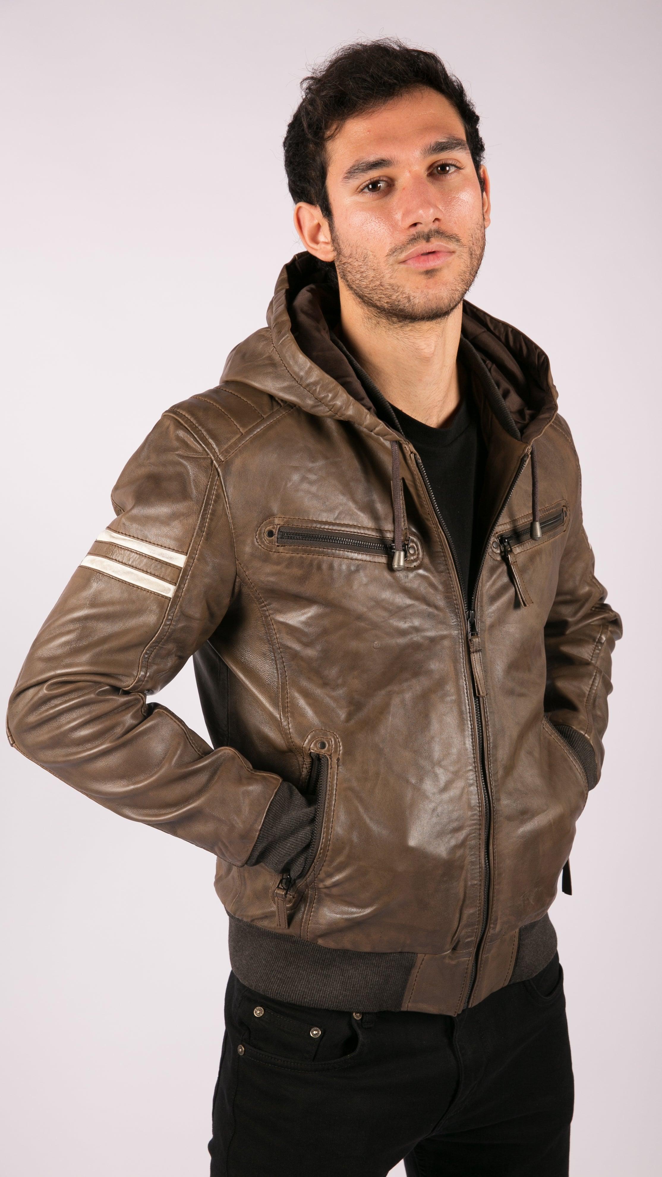 Mens Blue Black Hood Real Leather Bomber Jacket Red Stripes Quilted Slim Fit Casual - Knighthood Store