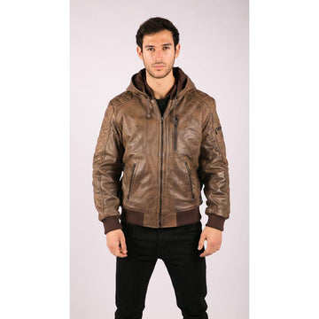 Mens Brown Washed Distressed Removable Hood Bomber Leather Jacket Quilted - Knighthood Store