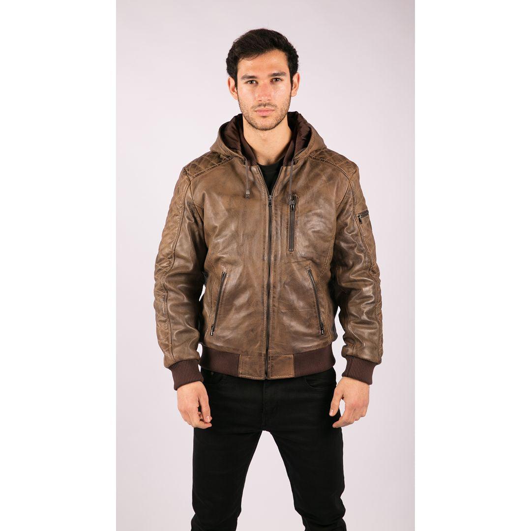 Mens Brown Washed Distressed Removable Hood Bomber Leather Jacket Quilted - Knighthood Store