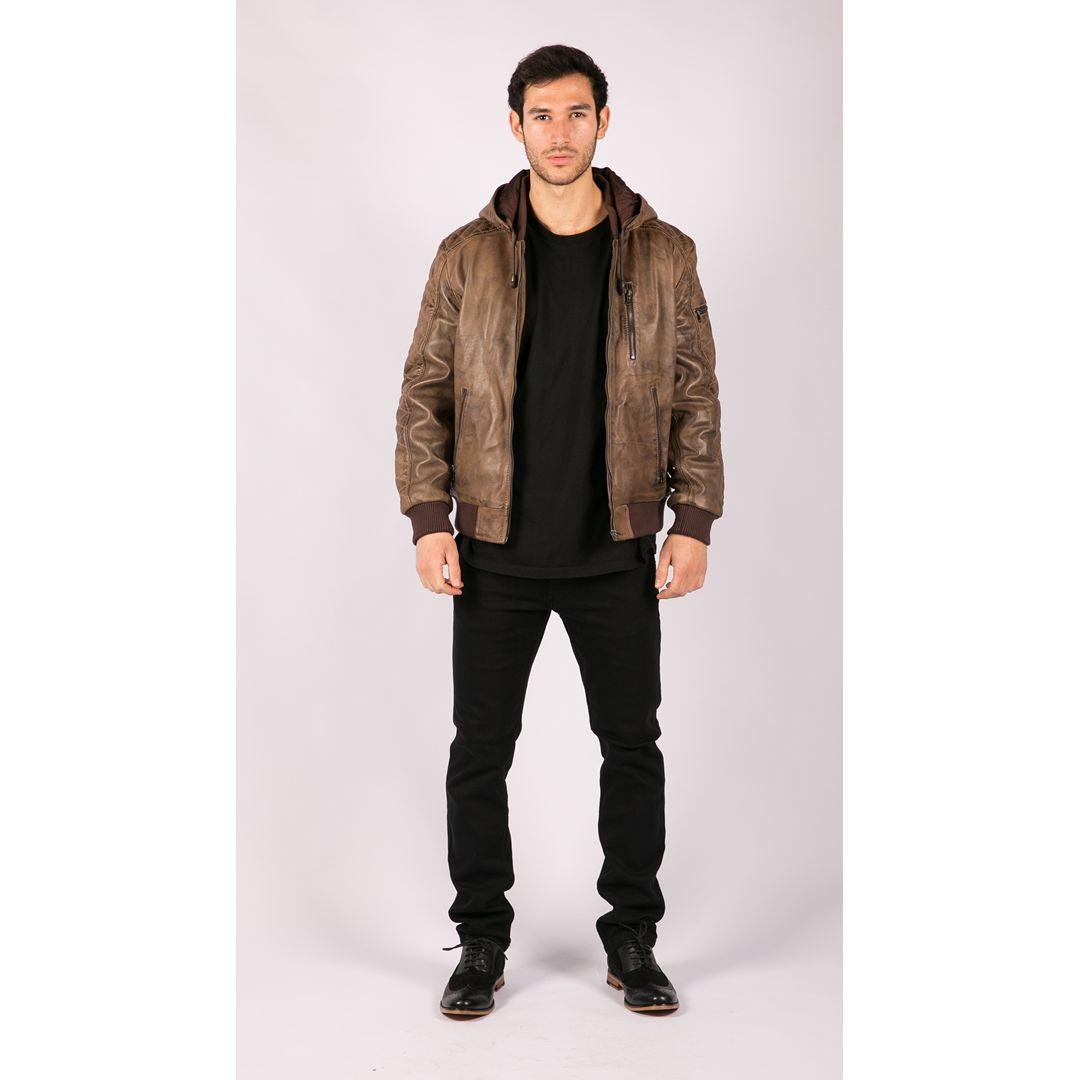 Mens Brown Washed Distressed Removable Hood Bomber Leather Jacket Quilted - Knighthood Store