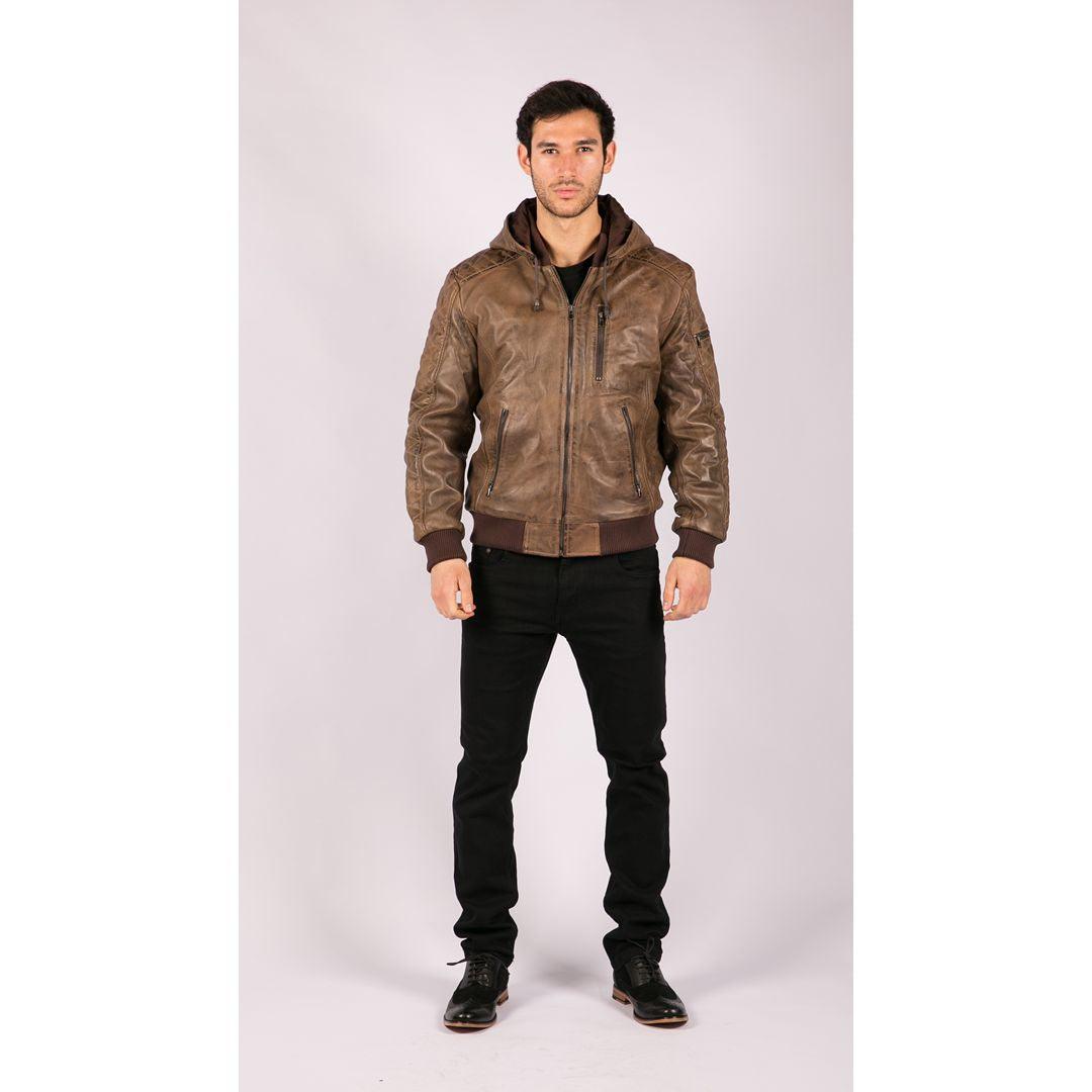Mens Brown Washed Distressed Removable Hood Bomber Leather Jacket Quilted - Knighthood Store