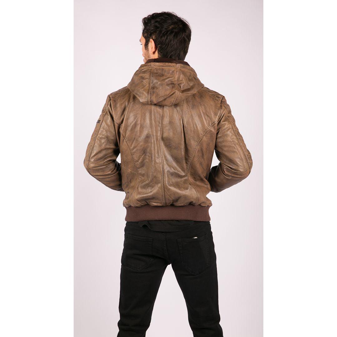Mens Brown Washed Distressed Removable Hood Bomber Leather Jacket Quilted - Knighthood Store