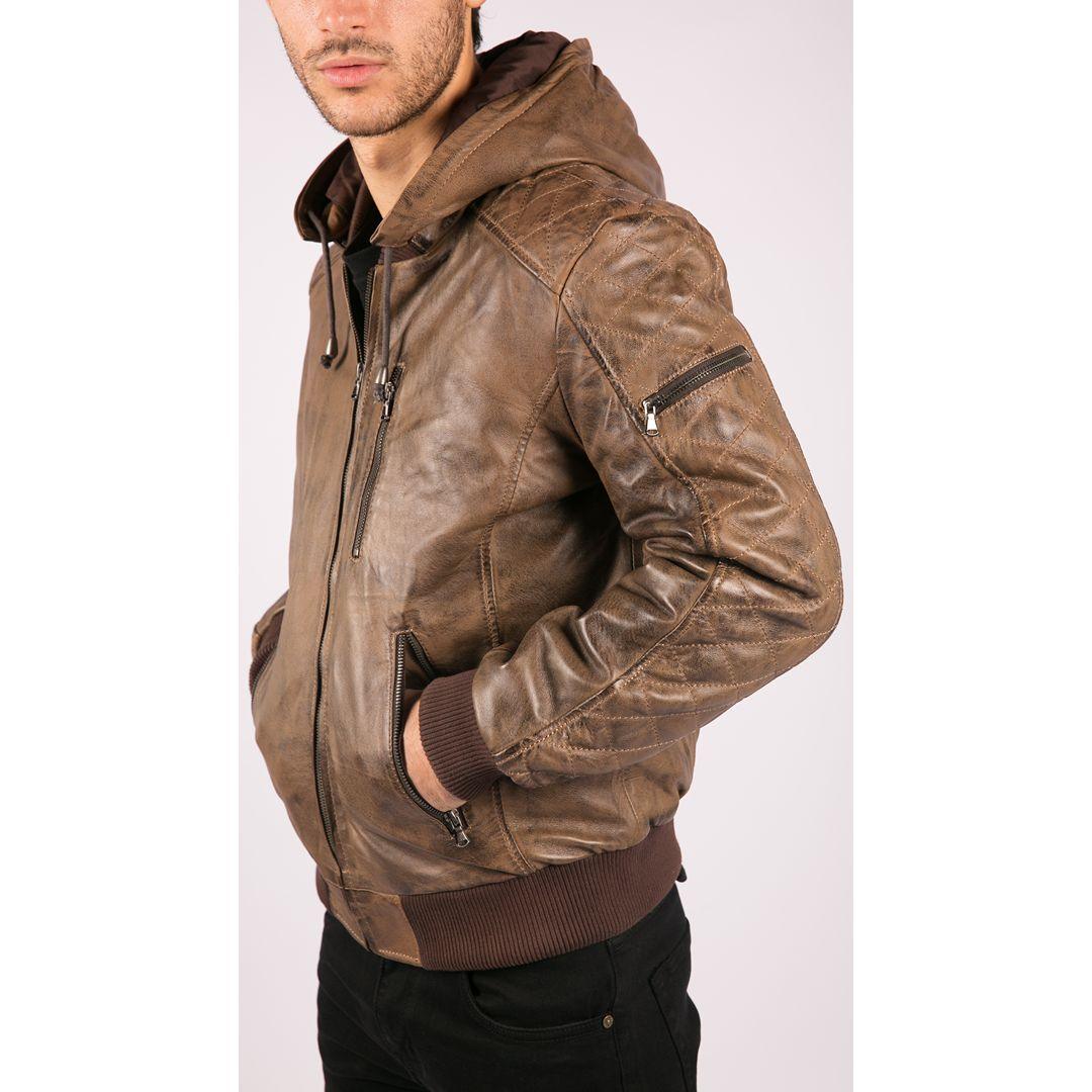Mens Brown Washed Distressed Removable Hood Bomber Leather Jacket Quilted - Knighthood Store