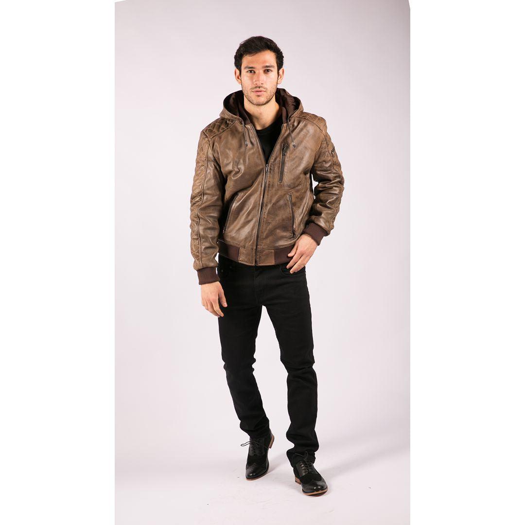 Mens Brown Washed Distressed Removable Hood Bomber Leather Jacket Quilted - Knighthood Store