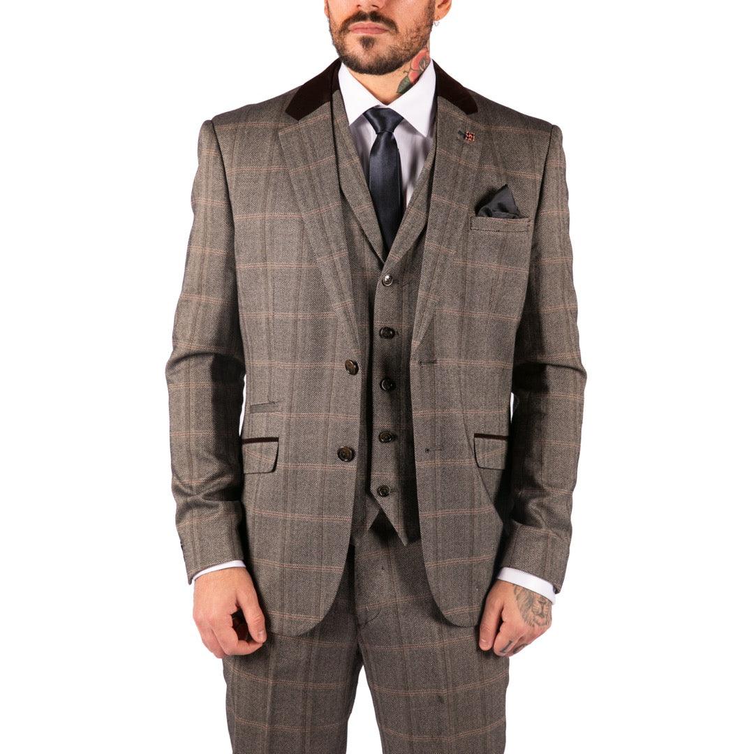 Mens Check Tweed Wool 3 Piece Tan Brown Beige Suit Vintage Retro Tailored Fit - Knighthood Store