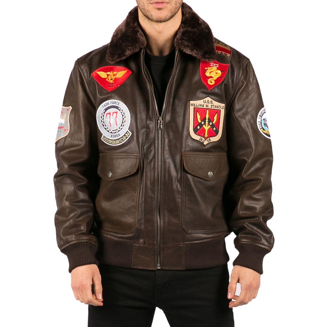 Mens Real Leather US Aviator Air Force Pilot Flying Bomber Jacket Brown Fur Collar - Knighthood Store
