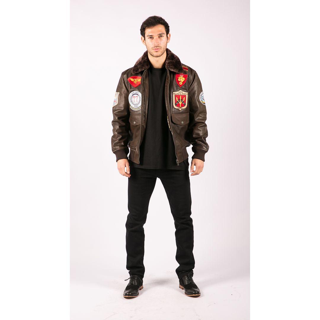 Mens Real Leather US Aviator Air Force Pilot Flying Bomber Jacket Brown Fur Collar - Knighthood Store