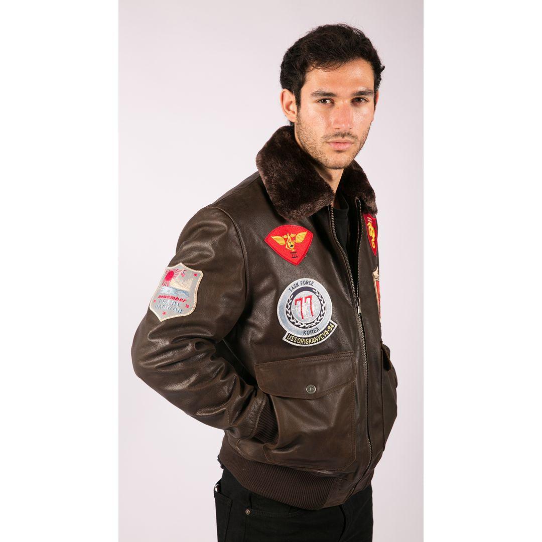 Mens Real Leather US Aviator Air Force Pilot Flying Bomber Jacket Brown Fur Collar - Knighthood Store