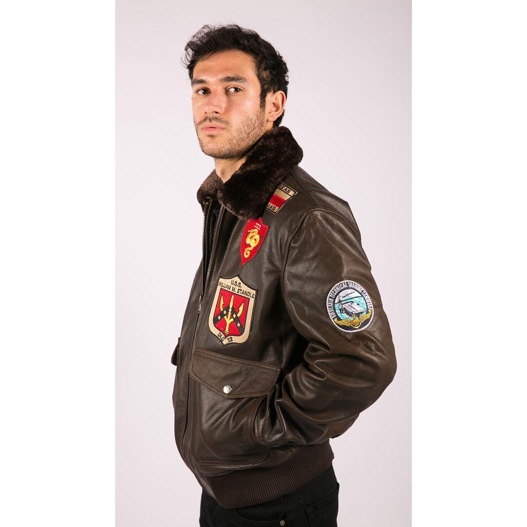 Mens Real Leather US Aviator Air Force Pilot Flying Bomber Jacket Brown Fur Collar - Knighthood Store