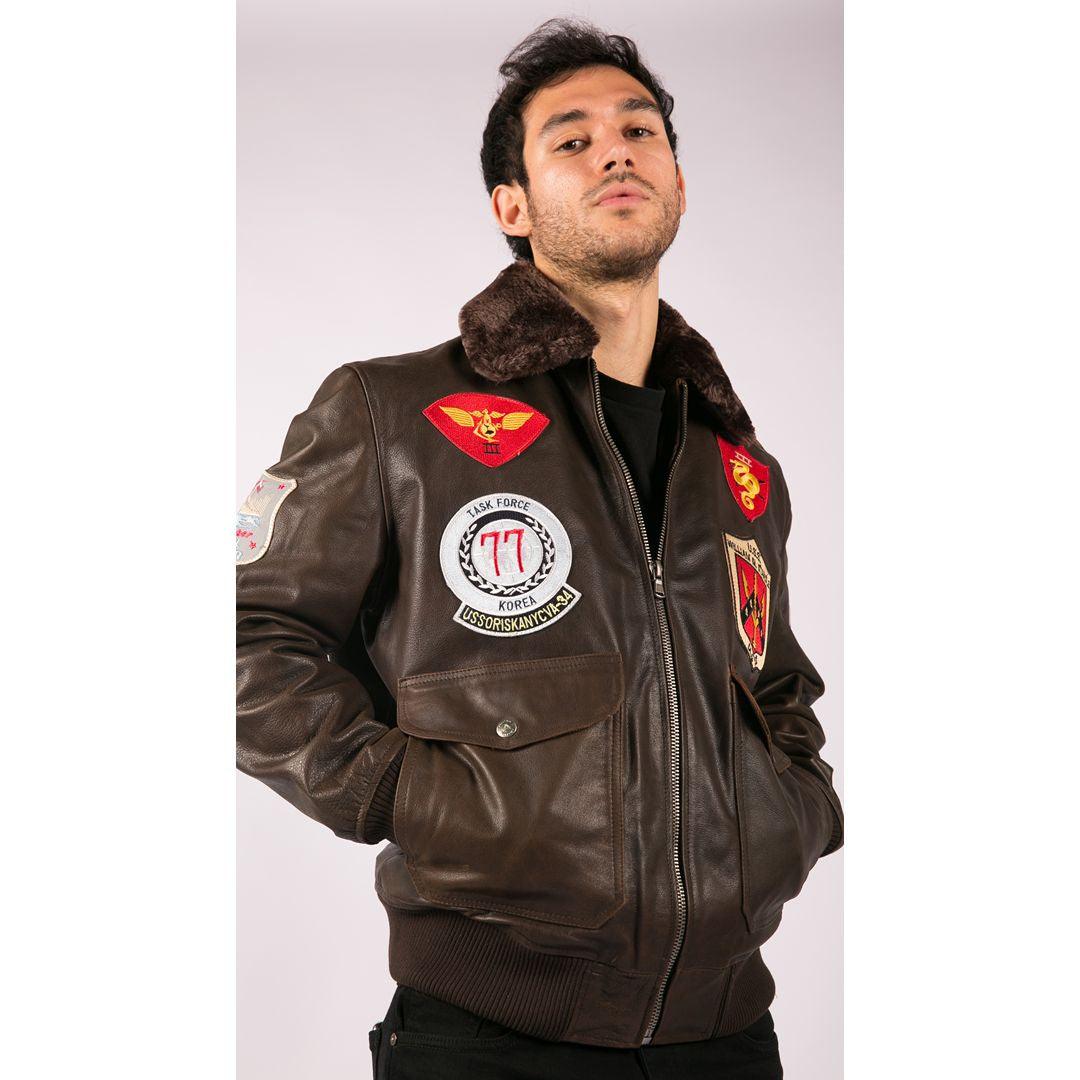 Mens Real Leather US Aviator Air Force Pilot Flying Bomber Jacket Brown Fur Collar - Knighthood Store