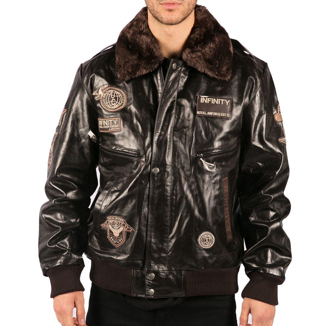 Mens Real Leather Jacket Bomber Aviator Style Badge Design Brown - Knighthood Store