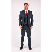 Mens 3 Piece Navy Blue Suit Tweed Check 1920's Tailored Fit Vintage - Knighthood Store