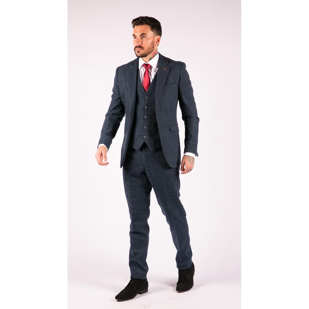 Mens 3 Piece Navy Blue Suit Tweed Check 1920's Tailored Fit Vintage - Knighthood Store