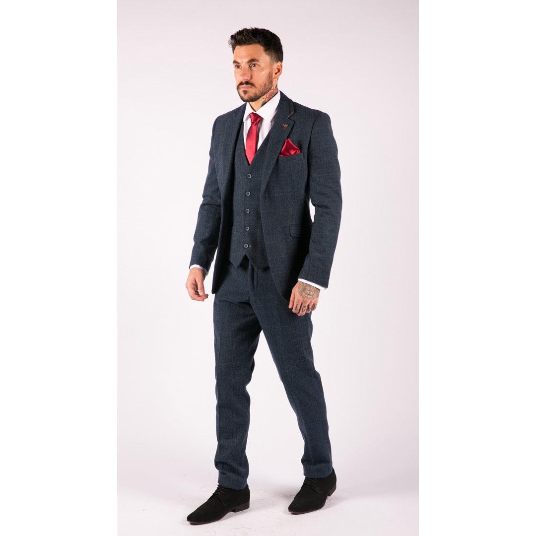 Mens 3 Piece Navy Blue Suit Tweed Check 1920's Tailored Fit Vintage - Knighthood Store