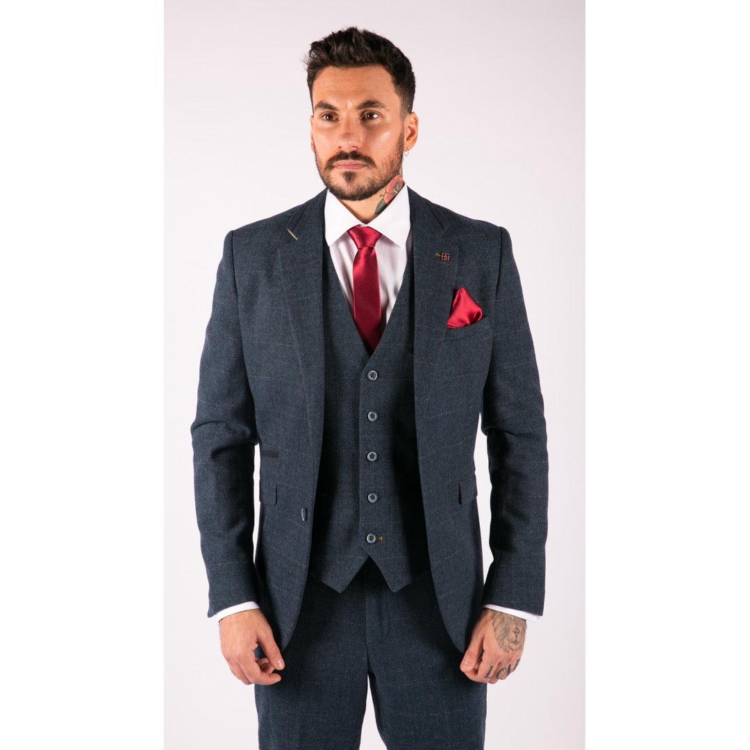 carnegi - Men's Boys 3 Piece Navy Blue Suit Tweed Check 1920's - Knighthood Store