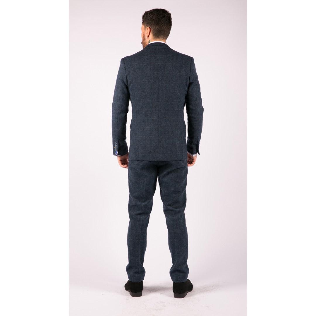 Mens 3 Piece Navy Blue Suit Tweed Check 1920's Tailored Fit Vintage - Knighthood Store