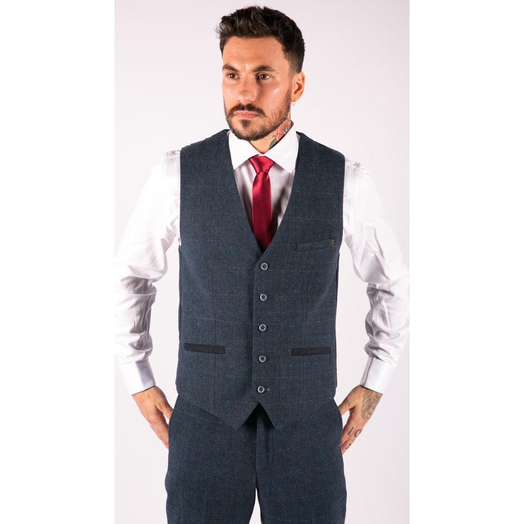 Mens Waistcoat Navy Blue Gilet Tweed Check 1920's Blinders Tailored Fit Vintage - Knighthood Store