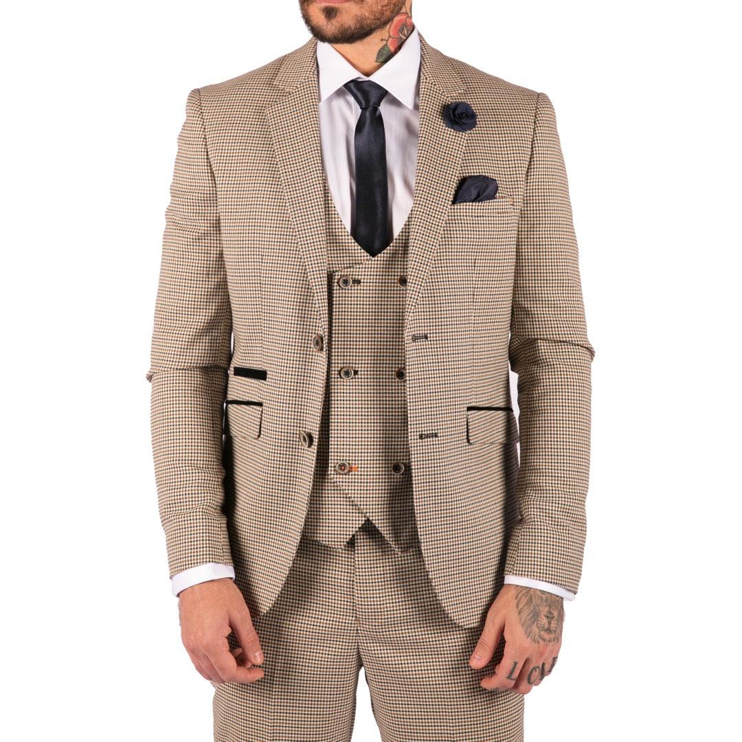 Mens Beige Navy Check Suit Vintage Classic Prince Of Wales Tailored Fit Wedding - Knighthood Store