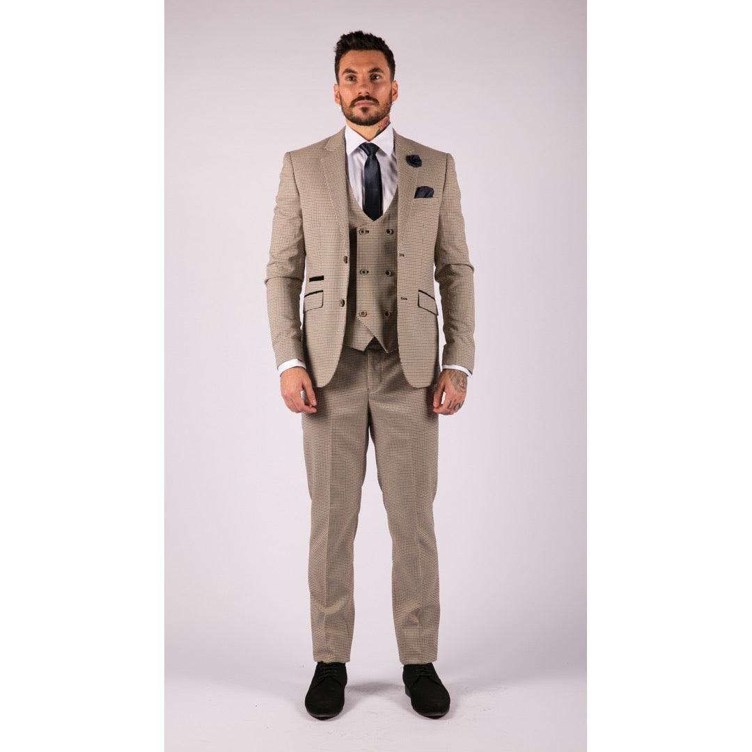 Mens Beige Navy Check Suit Vintage Classic Prince Of Wales Tailored Fit Wedding - Knighthood Store