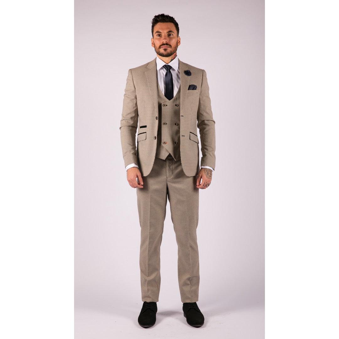 Mens Beige Navy Check Suit Vintage Classic Prince Of Wales Tailored Fit Wedding - Knighthood Store