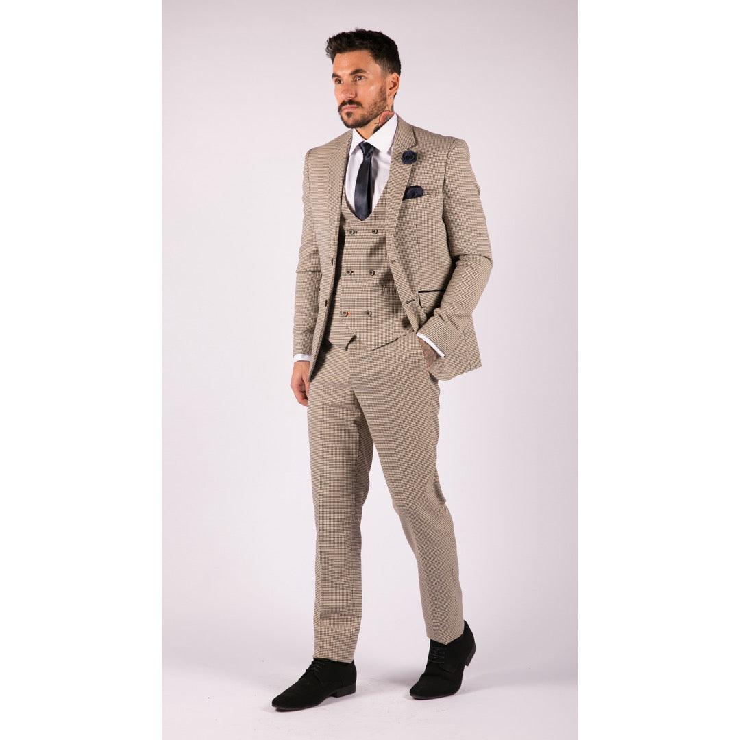 Mens Beige Navy Check Suit Vintage Classic Prince Of Wales Tailored Fit Wedding - Knighthood Store