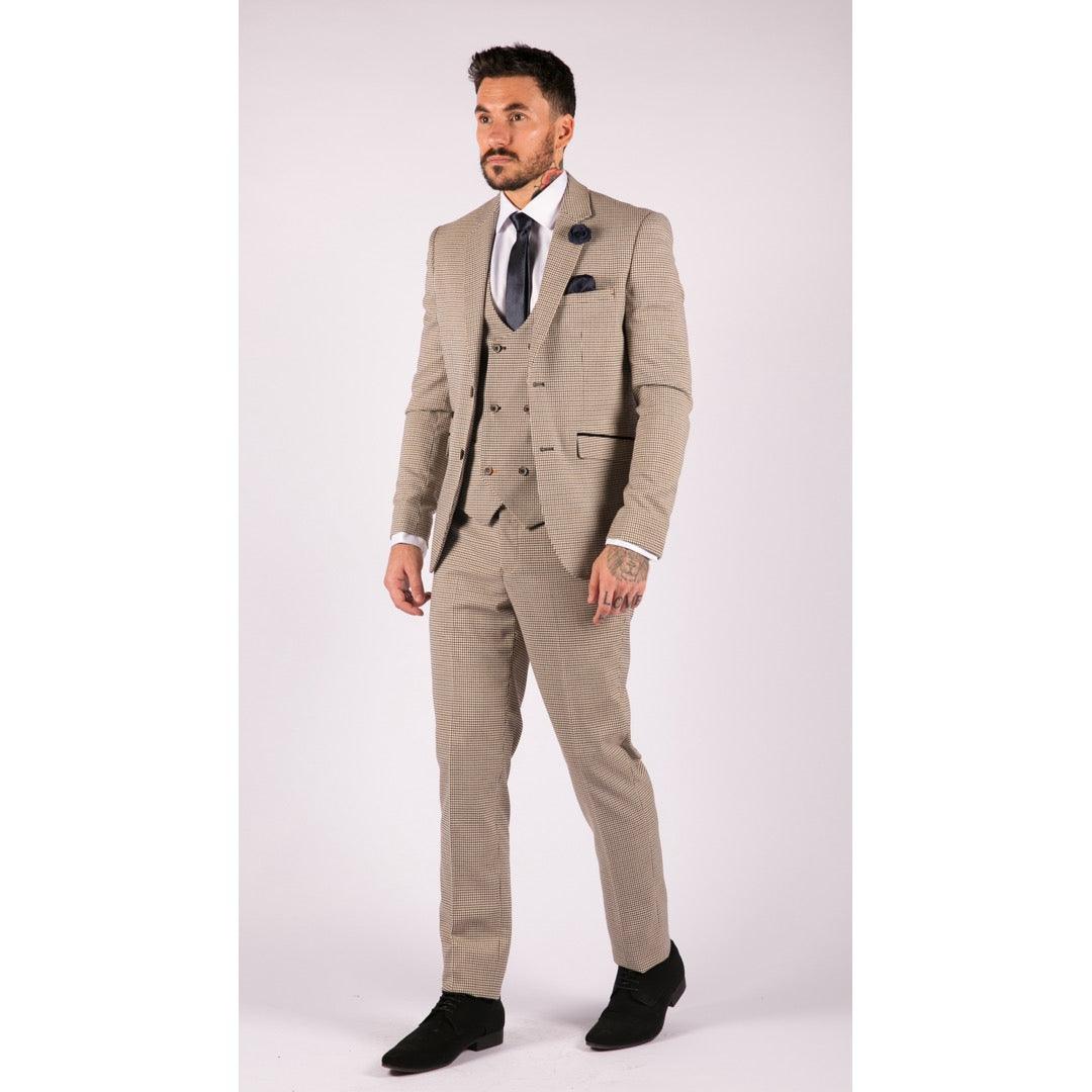 Mens Beige Navy Check Suit Vintage Classic Prince Of Wales Tailored Fit Wedding - Knighthood Store