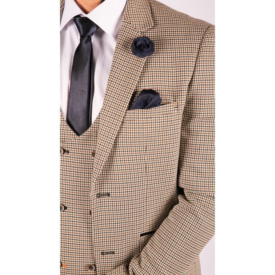 Mens Beige Navy Check Suit Vintage Classic Prince Of Wales Tailored Fit Wedding - Knighthood Store