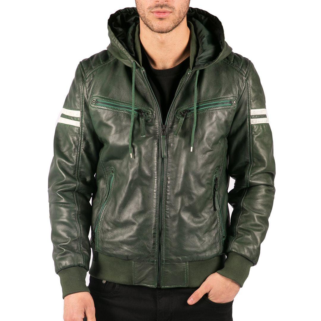 Mens Blue Black Hood Real Leather Bomber Jacket Red Stripes Quilted Slim Fit Casual - Knighthood Store