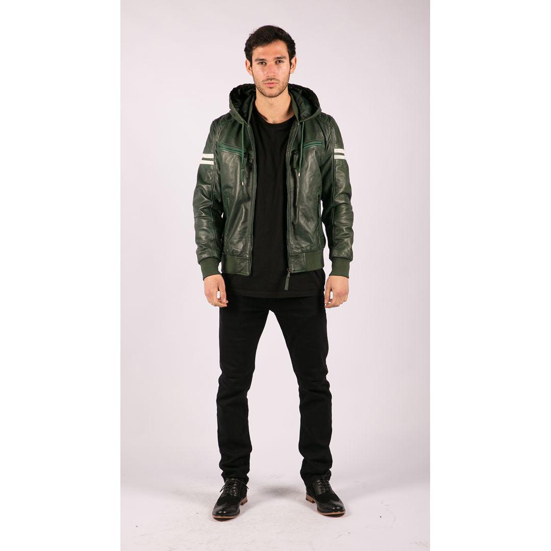 Mens Blue Black Hood Real Leather Bomber Jacket Red Stripes Quilted Slim Fit Casual - Knighthood Store