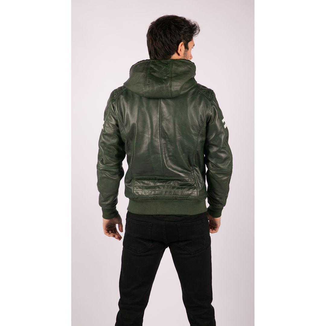 Mens Blue Black Hood Real Leather Bomber Jacket Red Stripes Quilted Slim Fit Casual - Knighthood Store