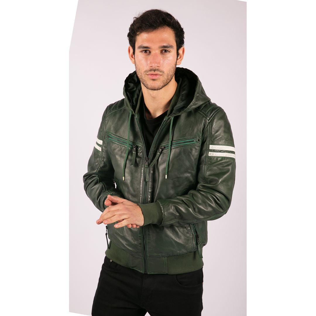 Mens Blue Black Hood Real Leather Bomber Jacket Red Stripes Quilted Slim Fit Casual - Knighthood Store